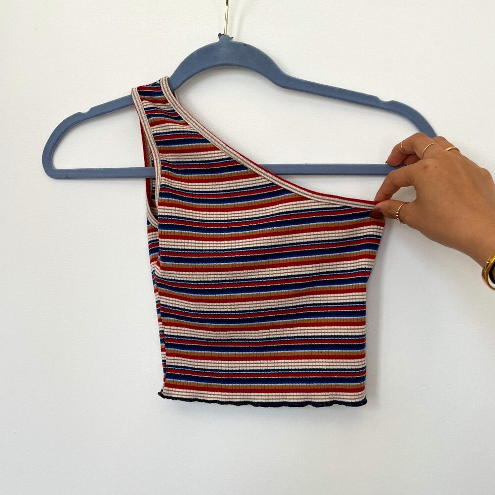 One-shoulder multi-colored striped crop top (Size XS)